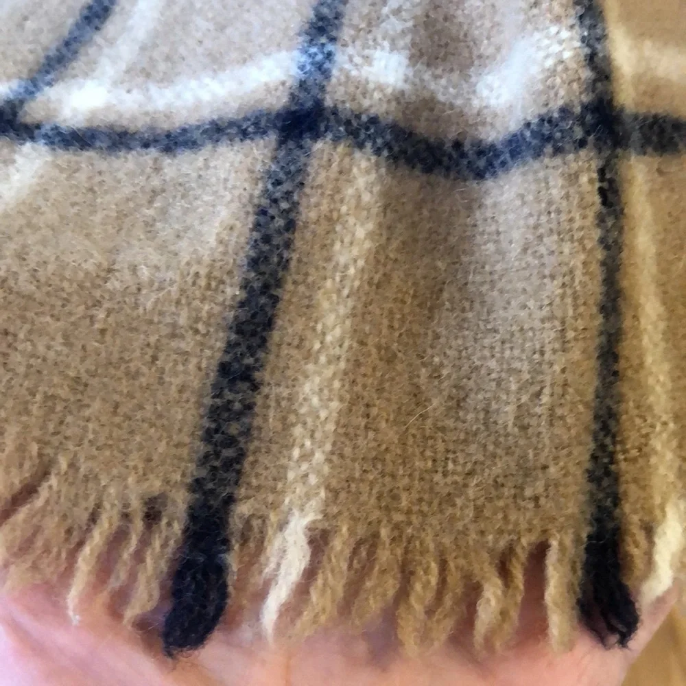 SHETLAND LONG WOOL PLAID SCARF WITH FRINGE TAN BLACK WHITE UNISEX